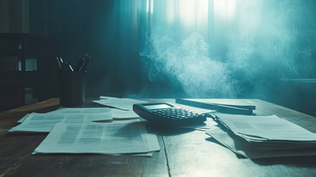A serene office scene featuring a calculator, scattered papers, and an aura of smoke, creating a reflective atmosphere perfect for productivity and focus.の素材