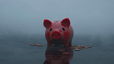 A striking image of a red piggy bank on a calm water surface, surrounded by scattered coins in a misty atmosphere, symbolizing savings and security.の素材