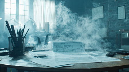 A captivating image of an office desk filled with scattered papers and writing tools, enveloped in a misty atmosphere, evoking a sense of mystery and creativity.の素材