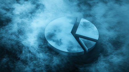 This abstract piece features a pie chart emerging from a foggy backdrop in shades of blue. It symbolizes data analysis, offering a modern look at business insights and performance metrics.の素材