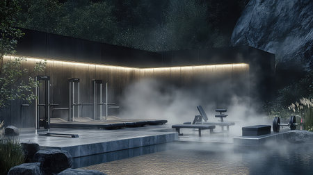 Experience a tranquil outdoor spa environment featuring modern wellness equipment surrounded by a serene landscape with steam and nighttime ambiance.の素材