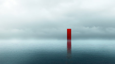 This captivating image features a striking red vertical structure standing alone in calm water, surrounded by soft misty clouds, creating a serene and dreamlike atmosphere.の素材