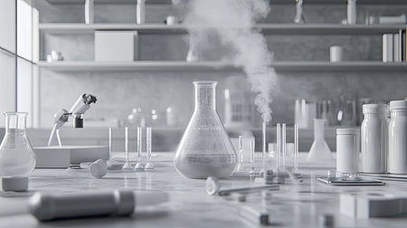 A modern laboratory workspace featuring various glassware, instruments, and visible steam. The clean marble countertop highlights a scientific atmosphere ideal for research and experiments.の素材