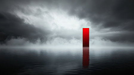 A striking image of a red monolith rising from serene water, enveloped in mist under a tempestuous sky. This artwork evokes themes of mystery, solitude, and surreal beauty.の素材
