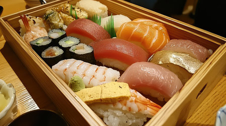 This vibrant sushi platter features an array of fresh fish and ingredients, beautifully arranged in a traditional wooden box, perfect for sharing and enjoying.の素材
