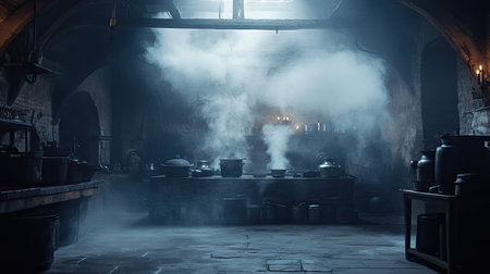This image captures an atmospheric kitchen scene with steam and shadows, evoking a sense of rustic charm and historic elegance in a medieval-style room.の素材