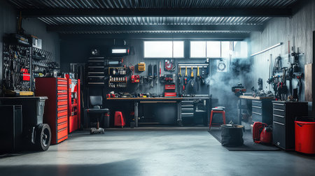 Explore a well-organized workshop filled with a variety of tools and equipment designed for craftsmen and DIY enthusiasts. This inviting space showcases practical storage solutions and a creative atmosphere ideal for generating innovative ideas and tackling projects.の素材