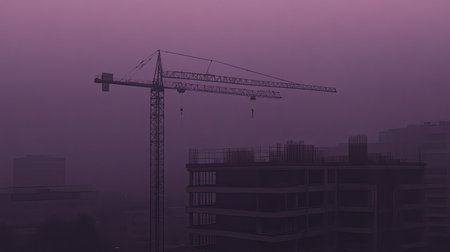 A construction crane stands as a dark silhouette against a purple misty sky at dawn, creating an atmospheric urban scene filled with mystery.の素材