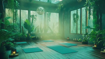 This enchanting yoga studio features vibrant greenery, soft ambient lighting, and serene mats, creating a perfect environment for relaxation and wellness practices.の素材
