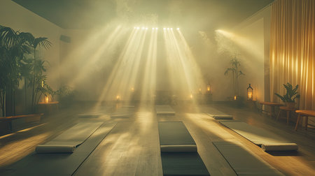 A tranquil yoga studio showcasing soft rays of light filtering through smoke, creating a serene atmosphere ideal for mindfulness and relaxation practices.の素材