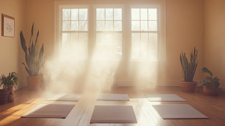 This tranquil yoga studio features soft natural light and a misty ambiance, creating an ideal environment for relaxation, mindfulness, and wellness.の素材