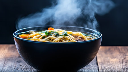 A steaming bowl of noodle soup filled with fresh vegetables and aromatic herbs on a rustic wooden table, perfect for a warm and comforting meal.の素材