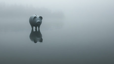 A striking image of a piggy bank standing in a foggy landscape, reflecting softly in calm water, inviting contemplation on finance and dreams.の素材