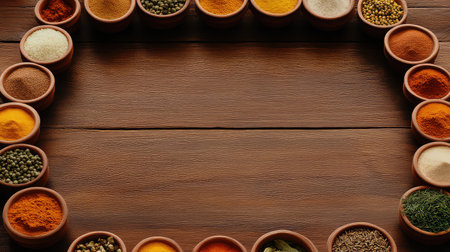 A charming display of assorted spices in clay bowls set against a rustic wooden table, perfect for culinary exploration and vibrant food styling.の素材