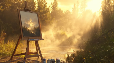 A captivating scene featuring an easel holding a landscape painting, illuminated by warm morning light. Trees and mist add tranquility to the environment.の素材