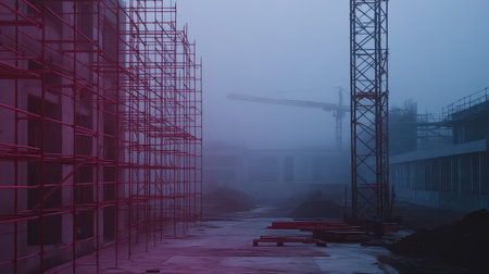 Captivating image of a construction site enveloped in fog, showcasing scaffolding and a crane. The muted colors create a mysterious atmosphere.の素材
