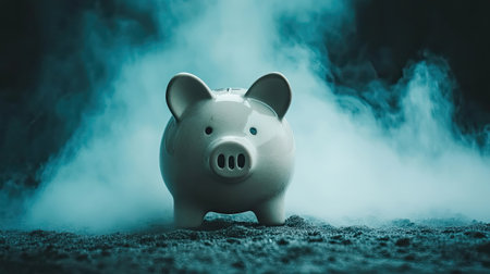 A minimalist ceramic piggy bank stands prominently in a foggy environment, symbolizing savings and financial growth, evoking themes of investment and budgeting.の素材