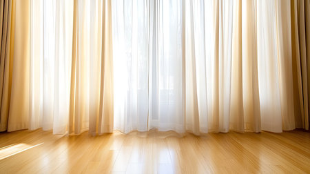 Light pours softly through sheer curtains, creating a serene and inviting atmosphere in a stylish room with stunning hardwood floors. Perfect for any decor theme.の素材