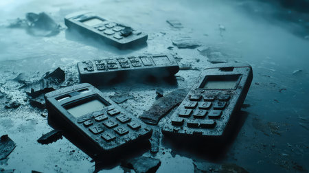A haunting scene featuring abandoned old telephones resting amidst dusty debris, evoking feelings of nostalgia and decay in an urban environment.の素材