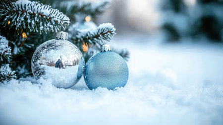 Elegant silver and blue Christmas ornaments rest on a soft blanket of snow, framed by lush pine branches, creating a serene winter atmosphere.の素材