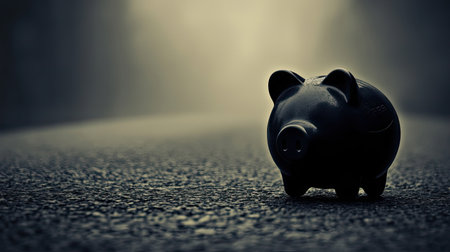 A solitary black piggy bank rests on a deserted dark road shrouded in fog, representing the solitude and challenges of managing personal finance and savings.の素材