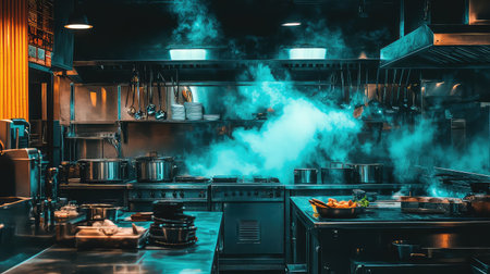 A vibrant professional kitchen filled with steam and smoke, showcasing culinary tools and cooking equipment in a modern, atmospheric design.の素材