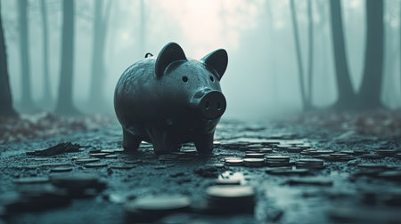 A captivating image of a piggy bank surrounded by scattered coins on a misty forest path. The ethereal fog creates a mysterious atmosphere, inviting contemplative thoughts on savings and financial journeys.の素材