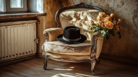 A cozy vintage armchair adorned with a black hat and a bouquet of yellow roses creates an inviting atmosphere filled with rustic charm and elegance.の素材