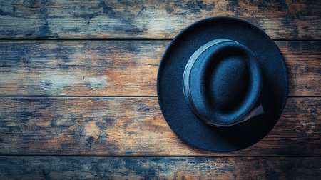 A striking black fedora hat rests elegantly on a rustic wooden surface, showcasing its classic design and intricate textures, perfect for fashion-themed projects.の素材