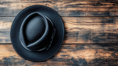 This image features an elegant black fedora hat resting on a rustic wooden surface, showcasing a blend of vintage charm and modern style.の素材