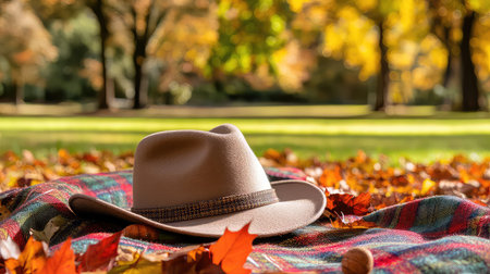 A vintage brown hat rests on a cozy blanket, surrounded by colorful autumn leaves in a peaceful park setting. The warm sunlight highlights nature's beauty.の素材