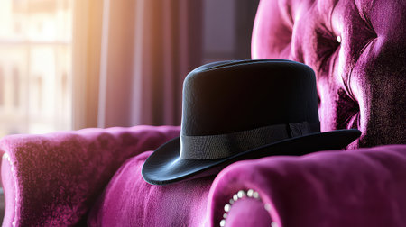 A stunning black hat sits gracefully on a plush pink velvet armchair, creating a captivating contrast in a beautifully lit room, perfect for stylish decor inspiration.の素材
