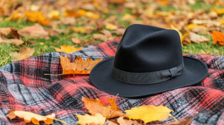 A stylish black fedora hat rests on a plaid blanket, surrounded by colorful autumn leaves, creating a cozy and inviting outdoor scene.の素材