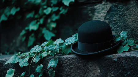 An elegant black hat rests on a moss-covered stone, artfully accompanied by vibrant green ivy leaves, depicting a tranquil outdoor scene filled with natural beauty.の素材