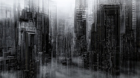 An abstract representation of a futuristic city skyline in black and white, featuring blurred buildings and distorted lines, creating a dreamlike urban atmosphere.の素材