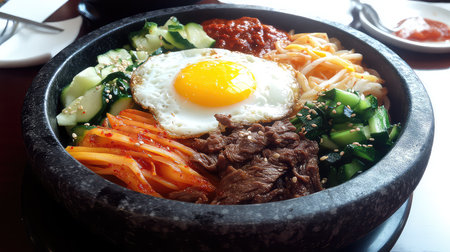 A vibrant serving of bibimbap in a hot stone bowl, featuring marinated beef, fresh vegetables, a sunny-side-up egg, and savory sauces. Perfect for food lovers!の素材