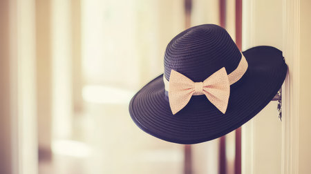 A charming black sun hat with a white bow hangs gracefully on a door handle, adding a touch of elegance and summer flair to an inviting, bright space.の素材