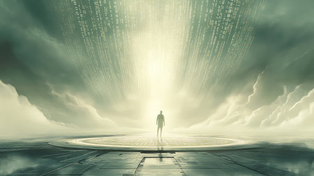 A captivating surreal scene featuring a silhouetted figure standing against ethereal light and abstract data streams, evoking a sense of mystery and exploration.の素材