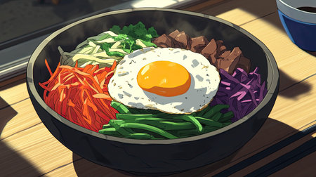 A visually appealing bibimbap bowl featuring a mix of fresh vegetables, succulent beef, and a perfectly fried egg, capturing the essence of Korean cuisine.の素材