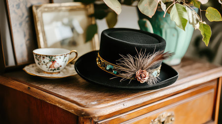 A beautiful black hat featuring intricate feather and rose details, set beside an elegant teacup, creating a charming vintage scene perfect for home decor.の素材