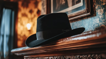 A striking black hat sits on a polished wooden mantle, surrounded by vintage wallpaper, creating a warm and intriguing atmosphere in this elegant room.の素材