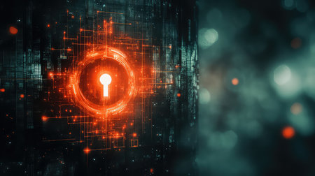 This image features a striking futuristic lock symbol set against an abstract blue and orange digital background, representing cybersecurity and data protection innovation.の素材
