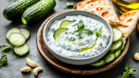 Indulge in a flavorful creamy cucumber yogurt dip, garnished with fresh mint leaves, served with warm flatbread. Perfect for any occasion.の素材