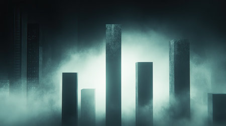 An abstract urban landscape featuring tall structures shrouded in fog. The scene evokes mystery and solitude, perfect for creative projects.の素材