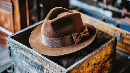 A charming brown hat with a bow sits gracefully in a vintage wooden crate, evoking a sense of nostalgia and rustic elegance in any setting.の素材