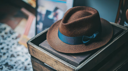 A classic brown fedora hat elegantly placed on a wooden box, showcasing vintage charm and stylish flair in a cozy indoor setting. Perfect for fashion lovers.の素材