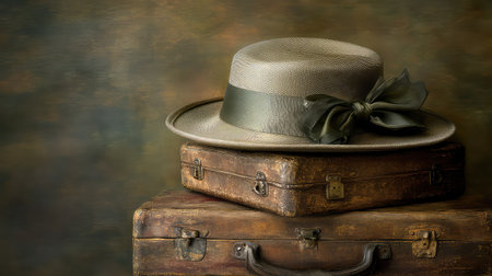 A vintage hat with an elegant bow elegantly rests atop an aged leather suitcase, creating a nostalgic travel scene that evokes a sense of adventure and style.の素材
