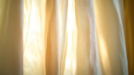 A close-up view of soft, sheer curtains elegantly draped, allowing gentle sunlight to filter in, creating a warm and peaceful ambiance for any interior space.の素材