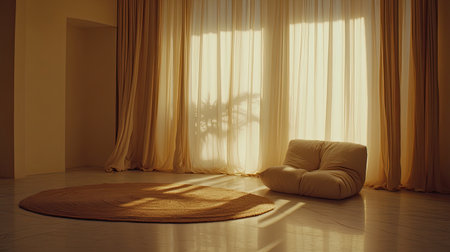 A cozy living area bathed in soft natural light, featuring sheer curtains that create a tranquil and inviting atmosphere perfect for relaxation.の素材