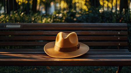 A vintage brown hat sits elegantly on a wooden park bench bathed in warm golden sunlight. The surrounding greenery adds a serene touch. Perfect for illustrating lifestyle and nature themes.の素材